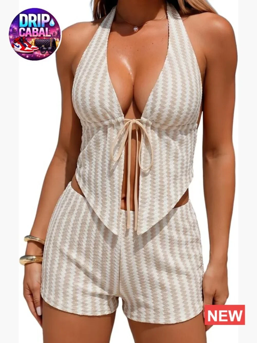 Halter V Neck Triangle 3 Piece Tankini Set with Shorts